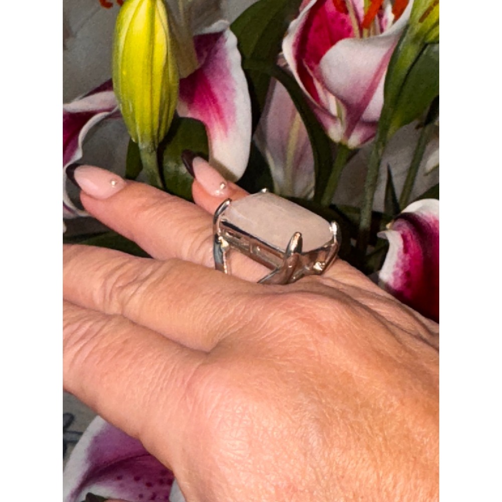 Large Rectangular Rose Quartz Statement Ring Silv… - image 3